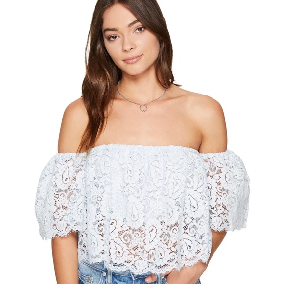 Lovers + Friends Tops - Lovers + Friends Bayside Blue Floral Lace Off The Shoulder Crop Top